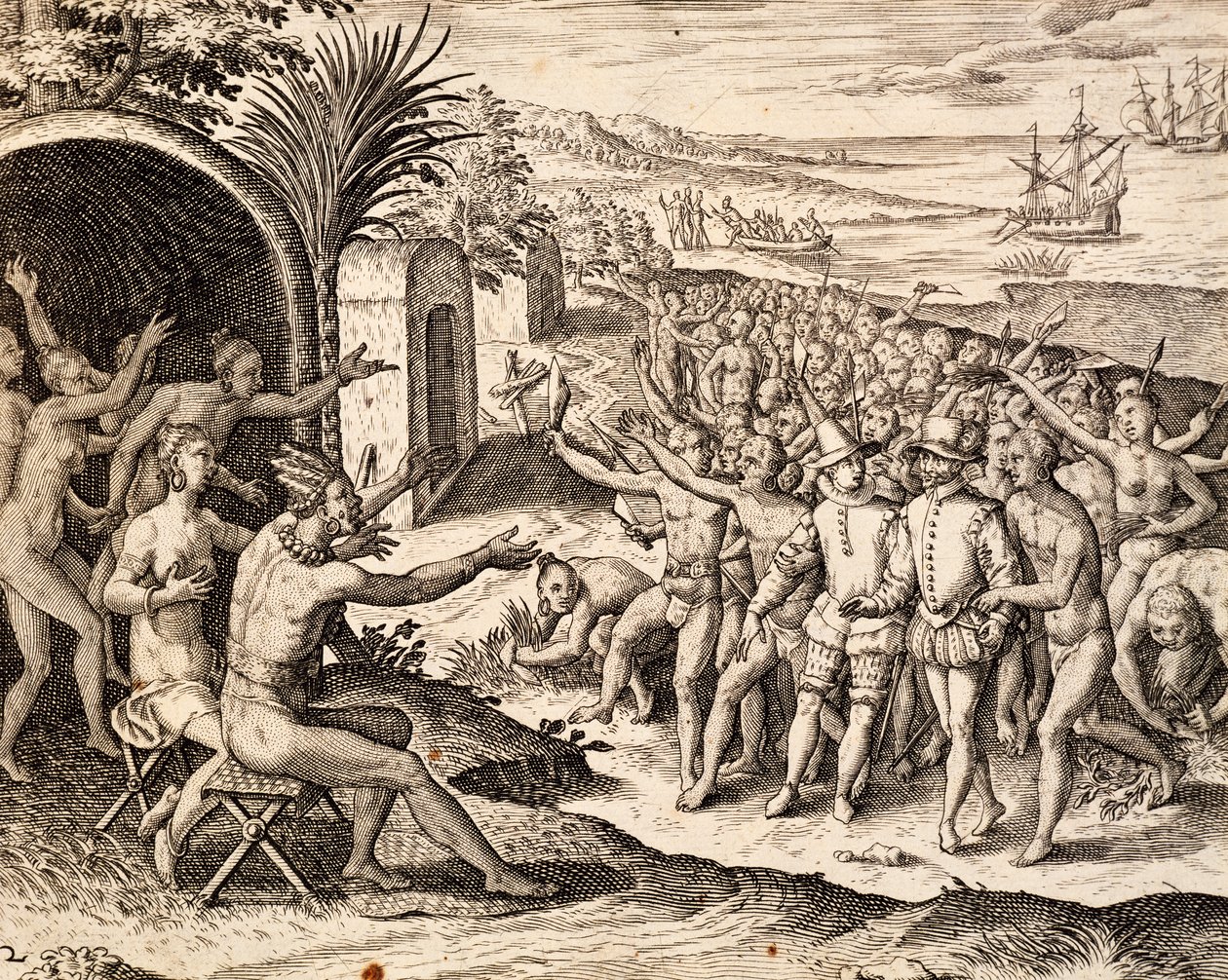 Verwelkoming van de Nederlanders (gravure) door Theodore de Bry