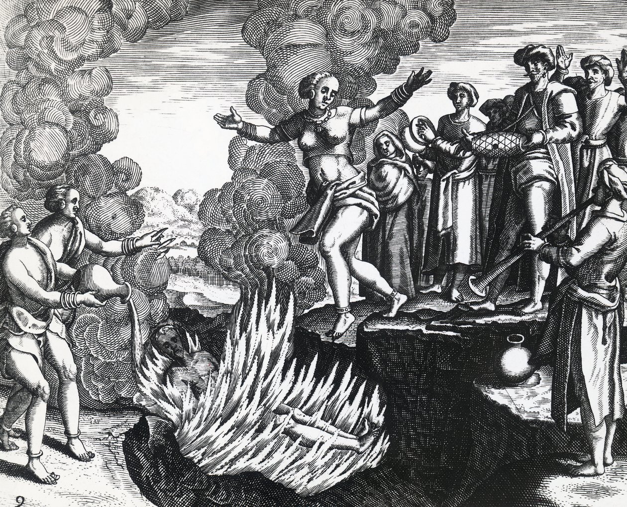 Vrouw werpt zich op de brandstapel van haar man, gravure door Theodore de Bry