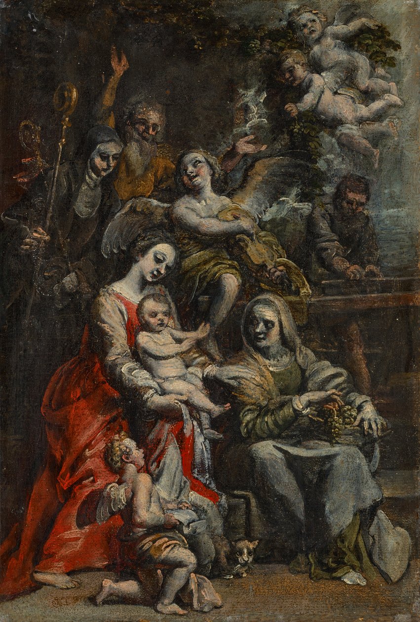 De Heilige Familie met de Heilige Anna, andere heiligen en engelen (olieverf op papier gelegd op paneel) door Theodore van Loon