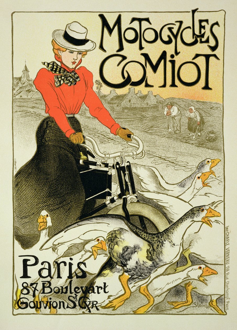 Reproductie van een poster die Comiot Motorfietsen adverteert, 1899 door Théophile Alexandre Steinlen