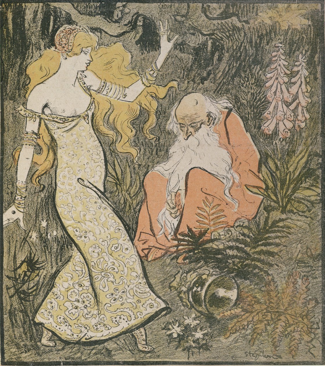 De Tovenaar Merlin en de Fee Vivien in het Bos van Broceliande, uit 