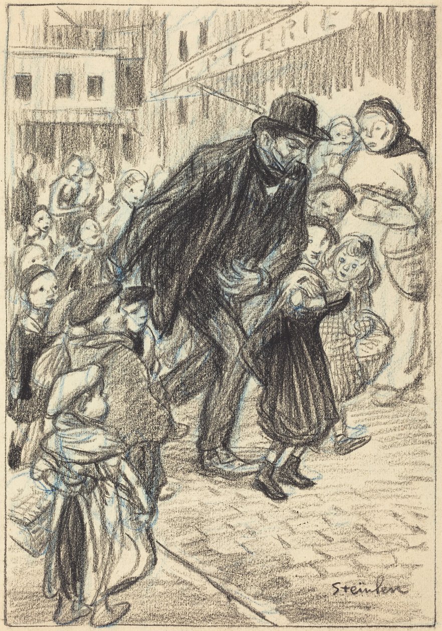 Een man in een straat in de stad, omringd door kinderen (Un Père) door Théophile Alexandre Steinlen