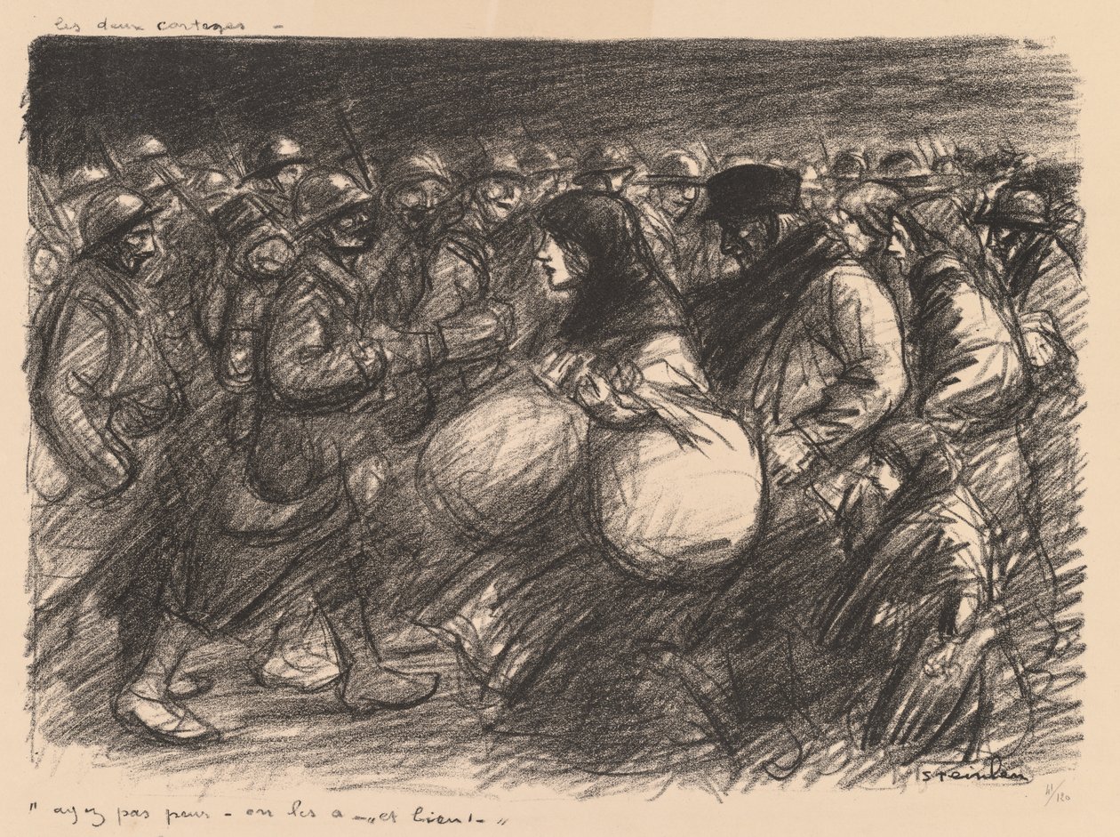 Oorlogsschetsen: De twee processies (Sketches de guerre: Les deux cortèges - "Ayez pas peur - on les a - et bien!") door Théophile Alexandre Steinlen