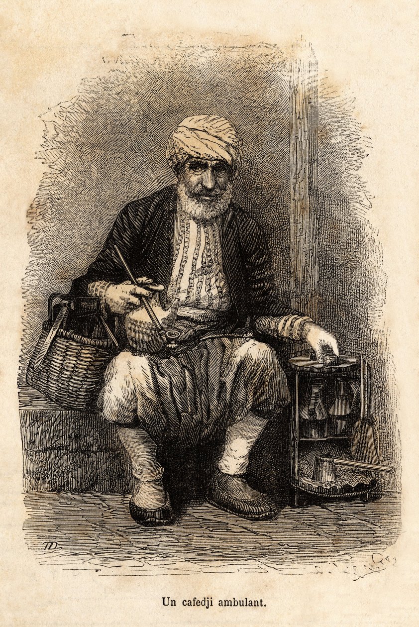 Een cafeverkoper (cafedji) op reis, in de bazaar van Trebizonde (hedendaags Trabzon, aan de kust van de Zwarte Zee), gravure naar een tekening van de verteller, ter illustratie van een reis naar Lazistan en Armenië, van 1869, door Theophile Deyrolle, gepub door Theophile Louis Deyrolle