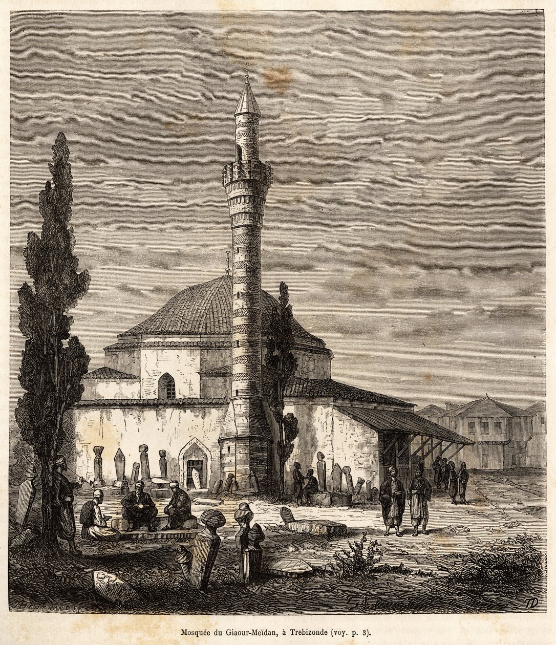 De moskee van Giaour-Meidan in Trebizonde (huidig Trabzon, aan de kust van de Zwarte Zee, Turkije), ooit een Byzantijnse kerk, gegraveerd naar een tekening van de verteller, illustratie van een reis naar Lazistan en Armenië, 1869 door Theophile Louis Deyrolle