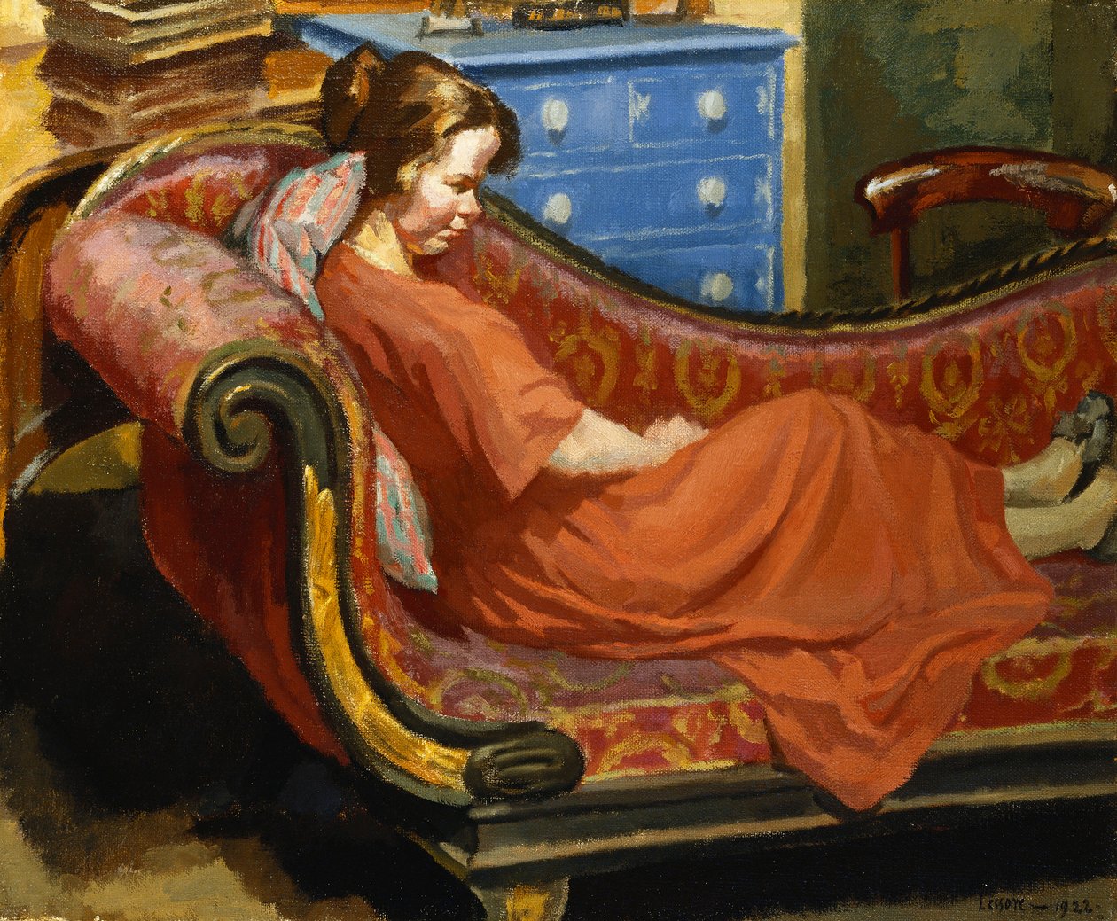 Meisje Rustend op een Chaise Longue door Therese Lessore