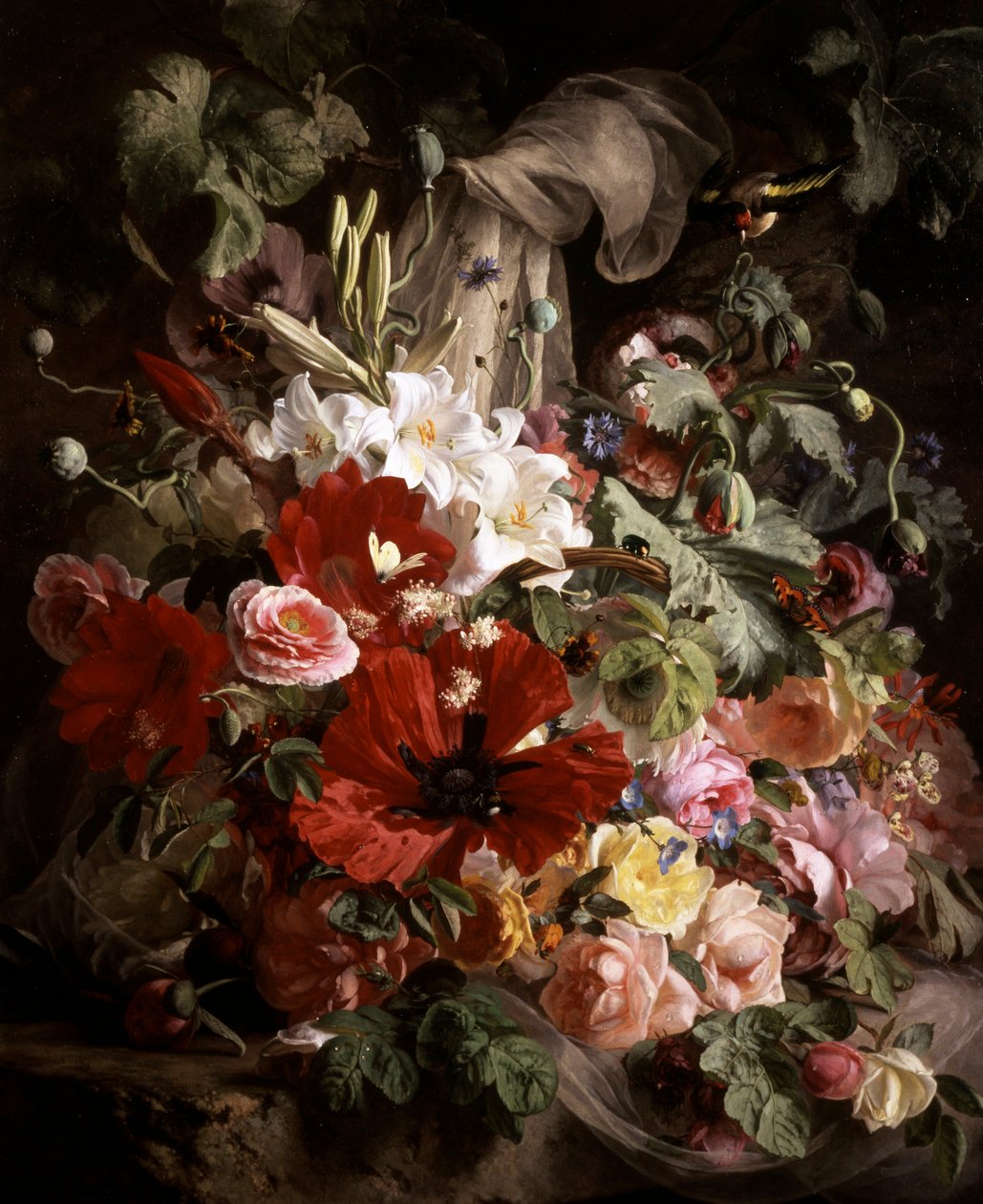 Stilleven van lelies, klaprozen en rozen. Schilderij van Theude Gronland (1817-1876) Privécollectie. door Theude Gronland