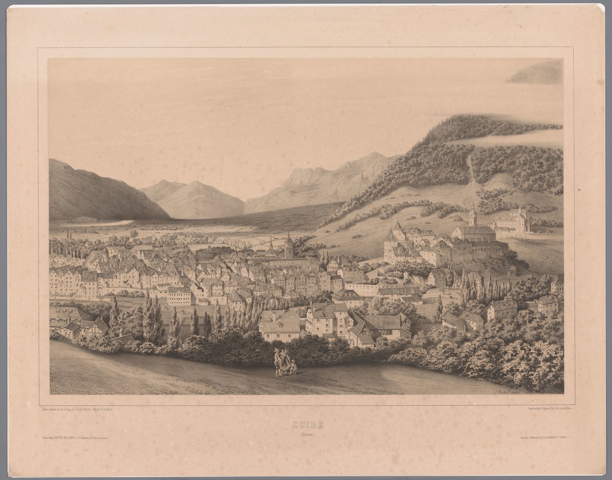 Zicht op Chur in Graubünden door Théodore Achille Louis Dumoncel