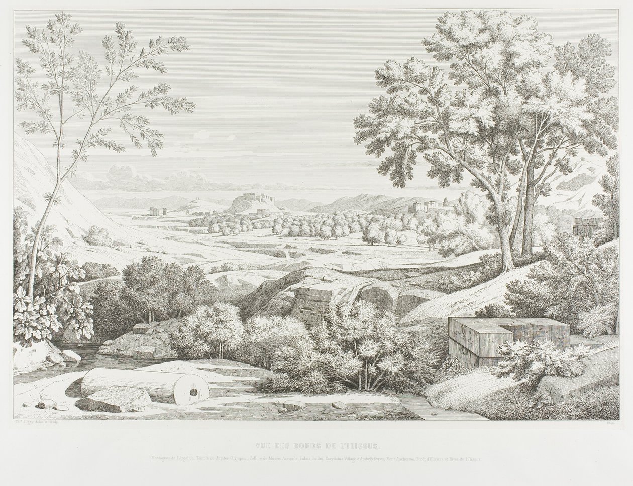 Uitzicht vanaf de oevers van de Illisós: Bergen van de Argolid, Tempel van de Olympische Jupiter, de Akropolis, Paleis van Koning Corydalus, Dorp Ambelo