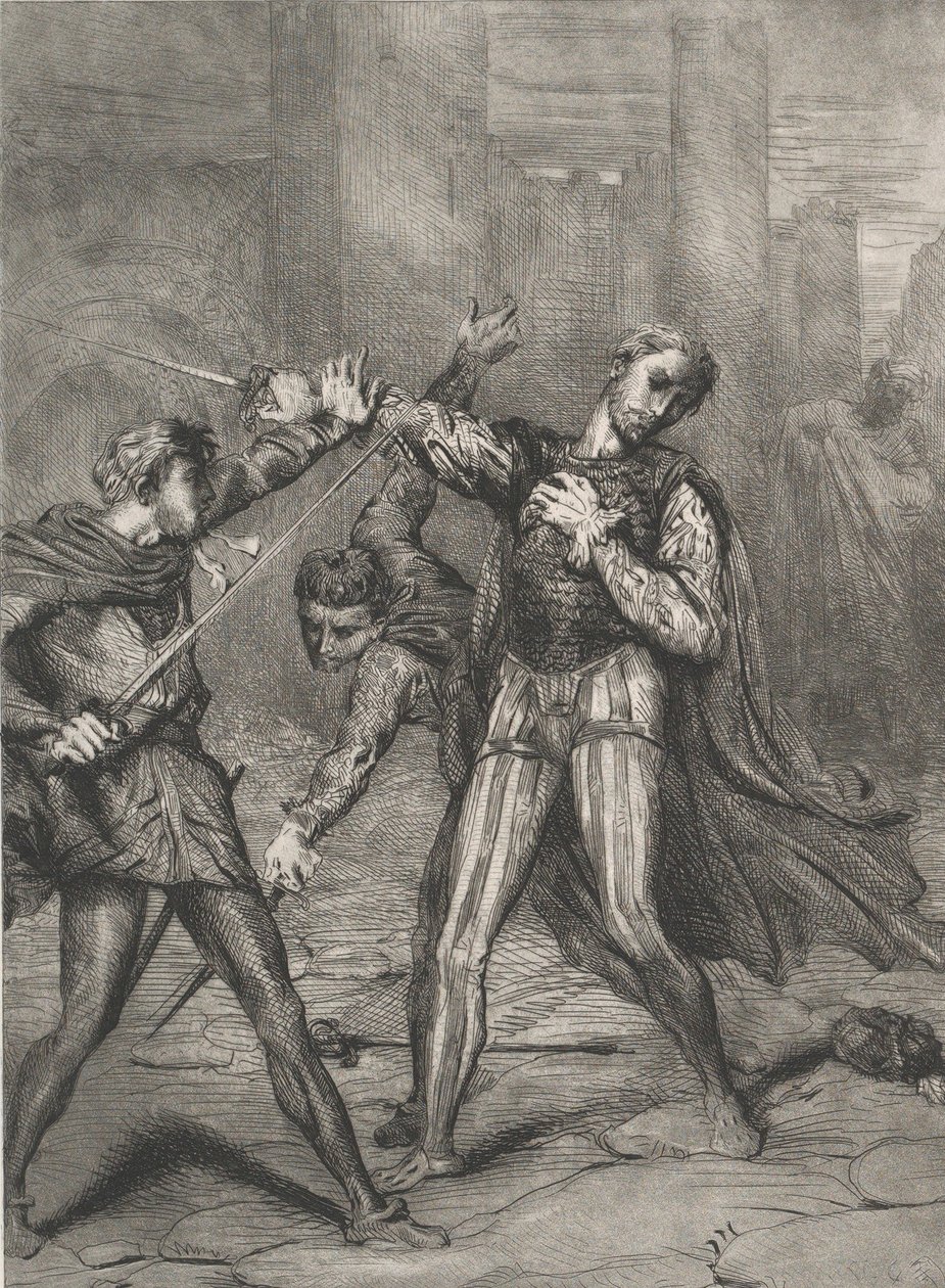 Schurk, jij sterft: plaat 10 uit Othello Act 5, Scene 1 door Théodore Chassériau