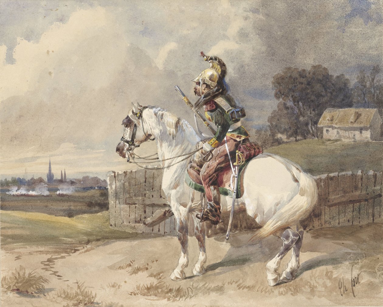 Franse dragonder op een wit paard, links gewend, in profiel door Théodore Fort (signed by artist)