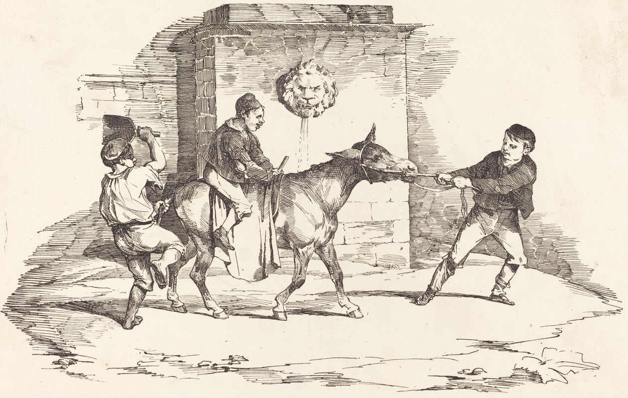 Drie kinderen spelen met een ezel door Théodore Gericault and Nicolas Toussaint Charlet