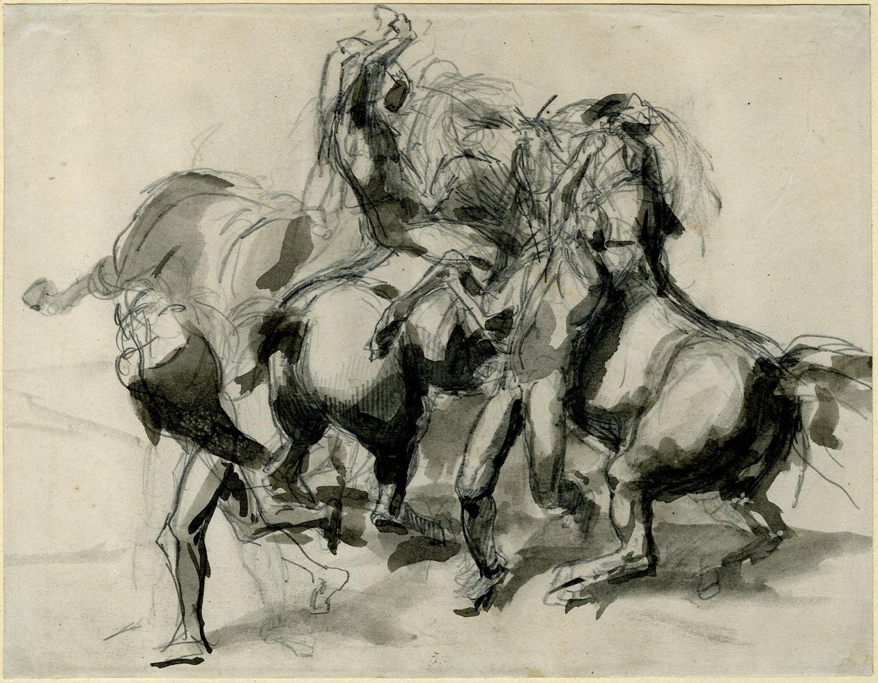 Toegeschreven aan Théodore Géricault - Schets van een gevecht met paarden en mannen, 1913,0114.8 door Theodore Gericault