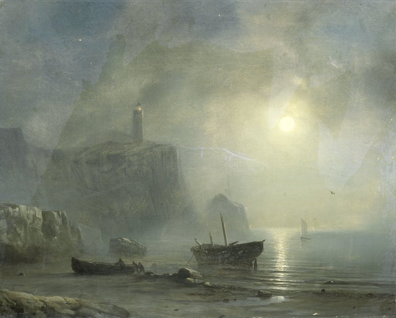 Gezicht op een rotsachtige kust bij maanlicht door Théodore Gudin (attributed to)