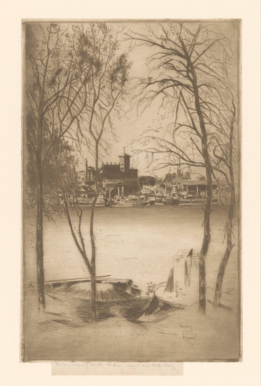 Gezicht op een rivier met haven en industrie door Théodore Roussel (signed by artist)