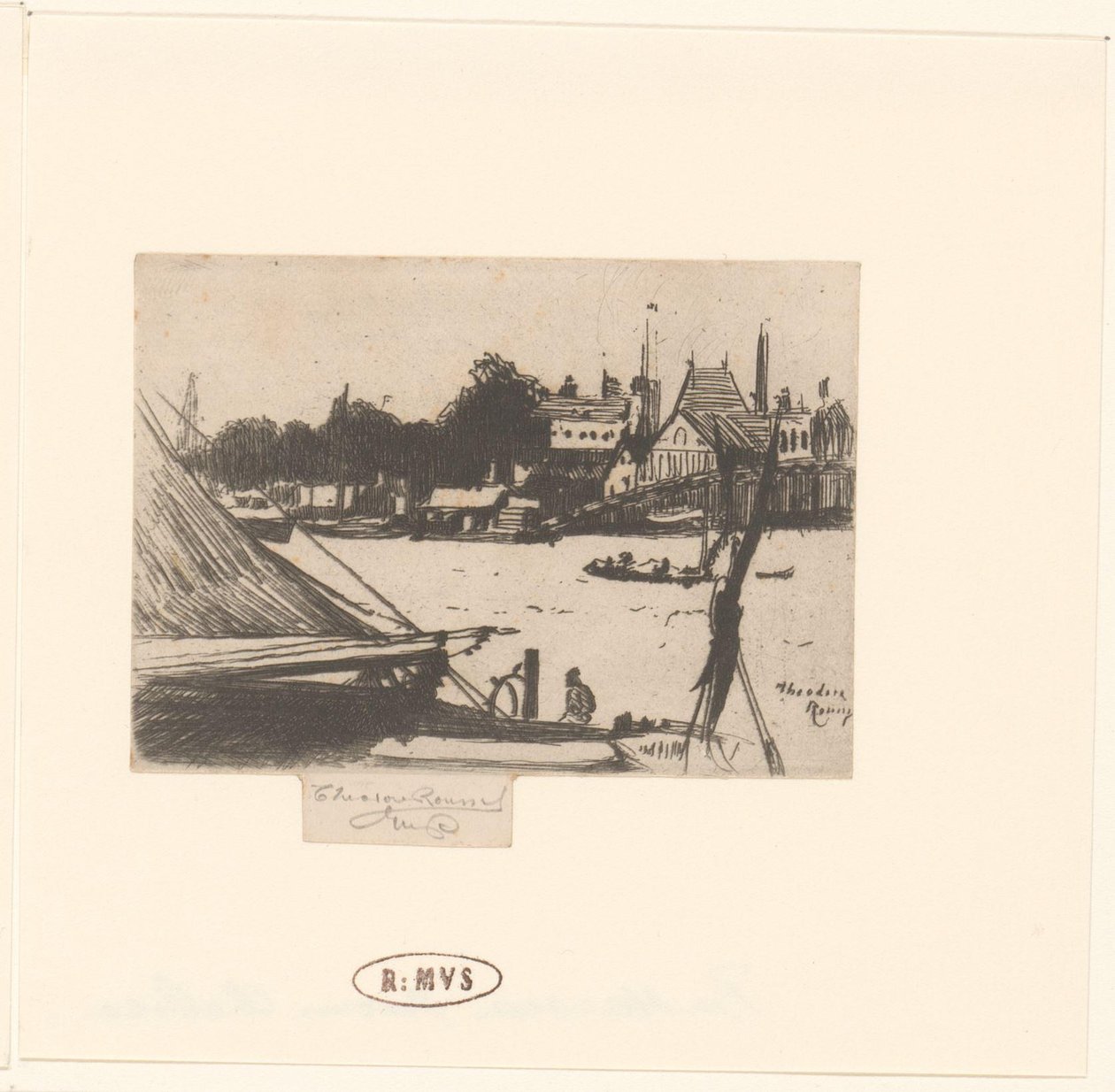 Gezicht op rivier met boten door Théodore Roussel (signed by artist)