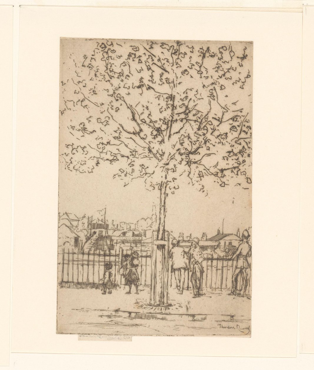 Zes figuren bij een hek langs een rivier, op de voorgrond een boom door Théodore Roussel (signed by artist)