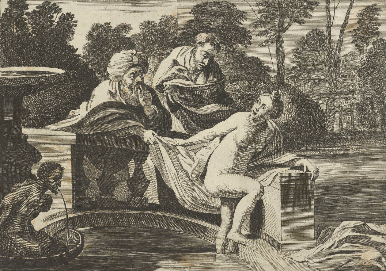 Susanna, gedeeltelijk naakt en uit een fontein stappend met twee ouderlingen links, een o..., ca. 1656-60 door Théodorus van Kessel