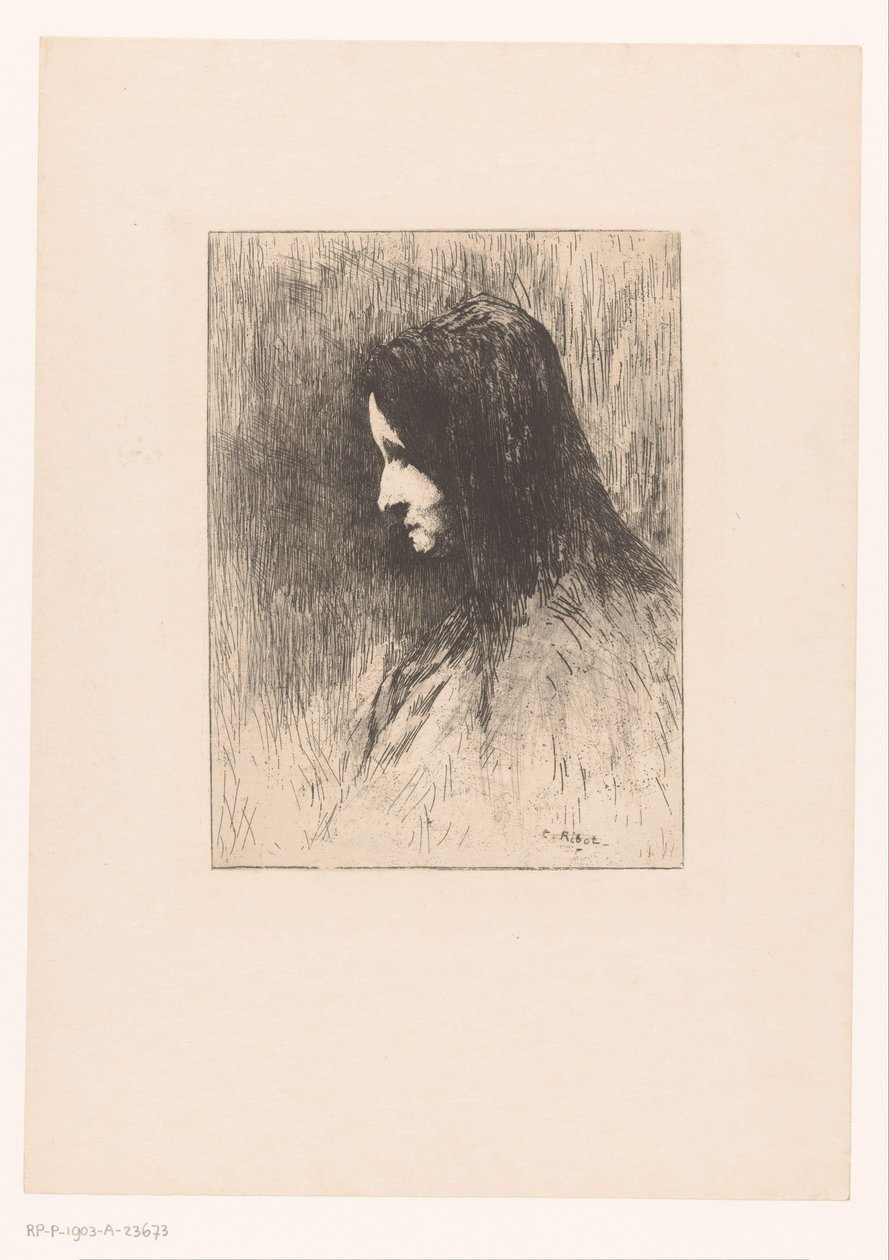 Buste van een oude vrouw met hoofddoek, van opzij gezien door Théodule Augustin Ribot