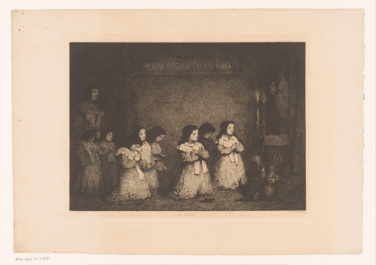 Groep meisjes in gebed voor een Mariabeeld door Théodule Augustin Ribot