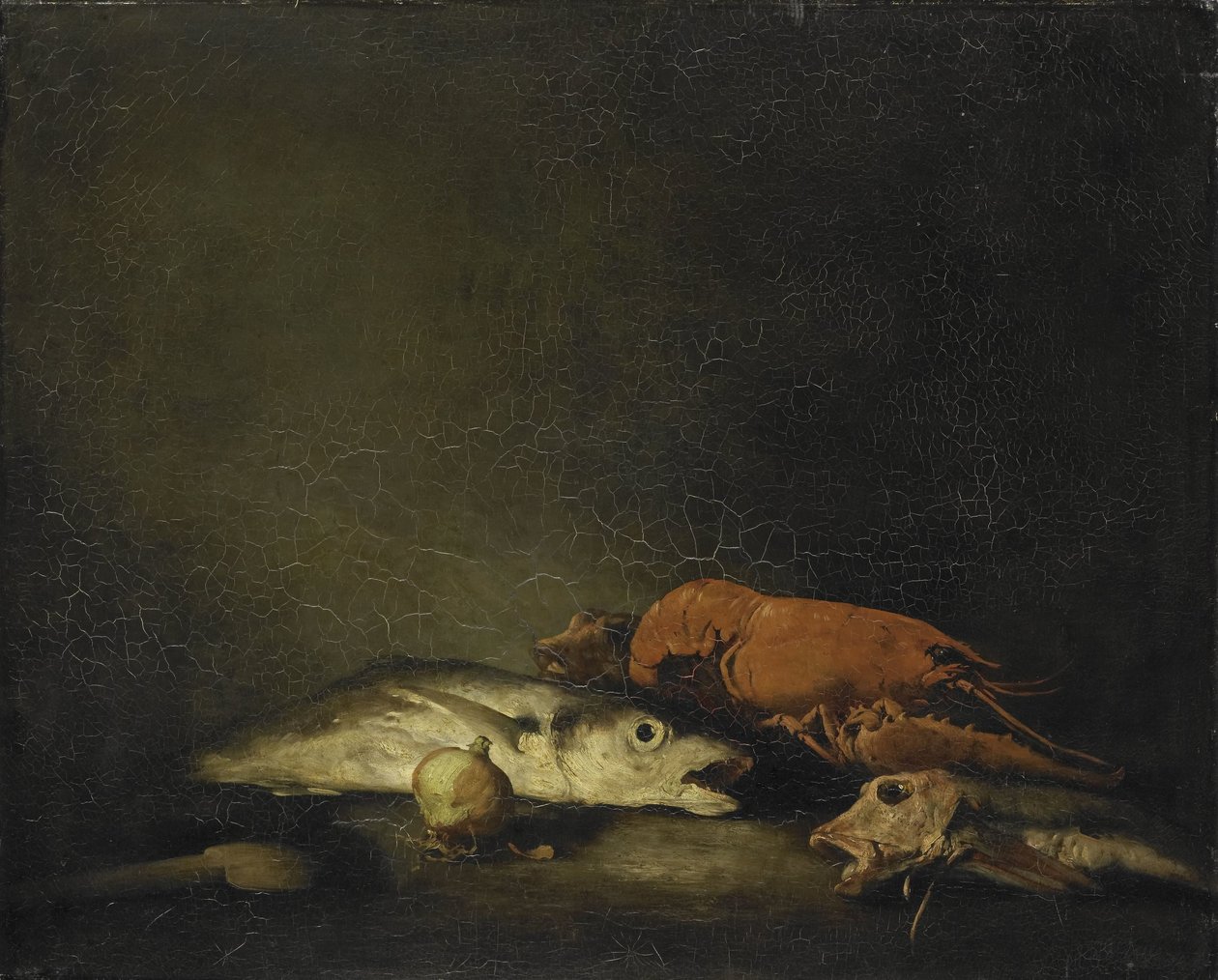 Stilleven met vissen en een kreeft door Théodule Augustin Ribot