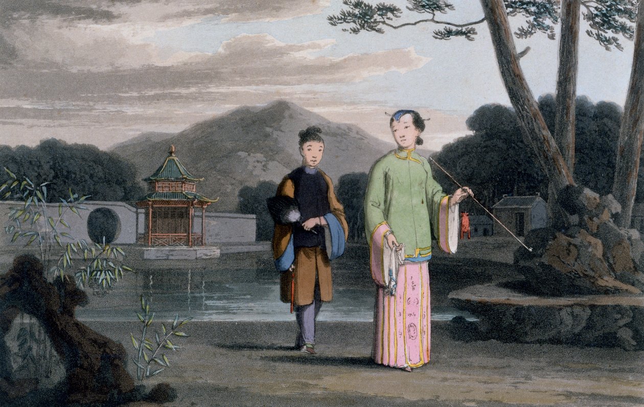 Chinese dame met paviljoen op de achtergrond, uit 