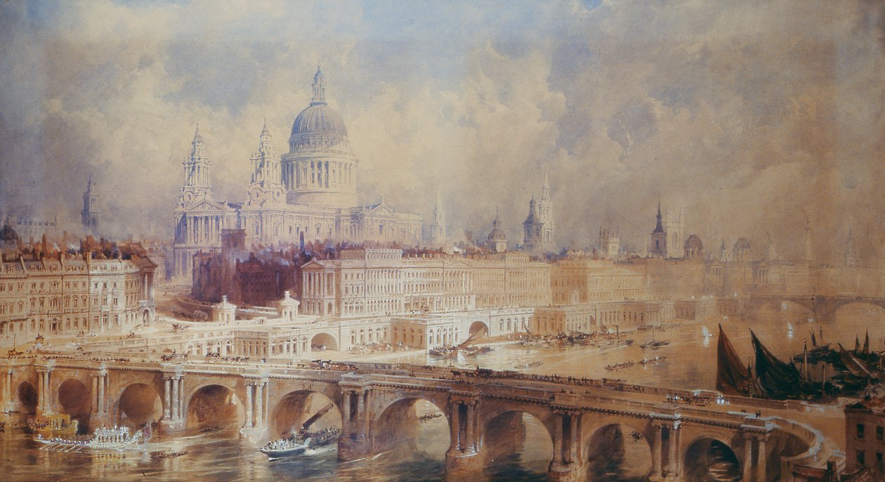 Ontwerp voor de Thames Embankment, uitzicht stroomafwaarts door Thomas Allom