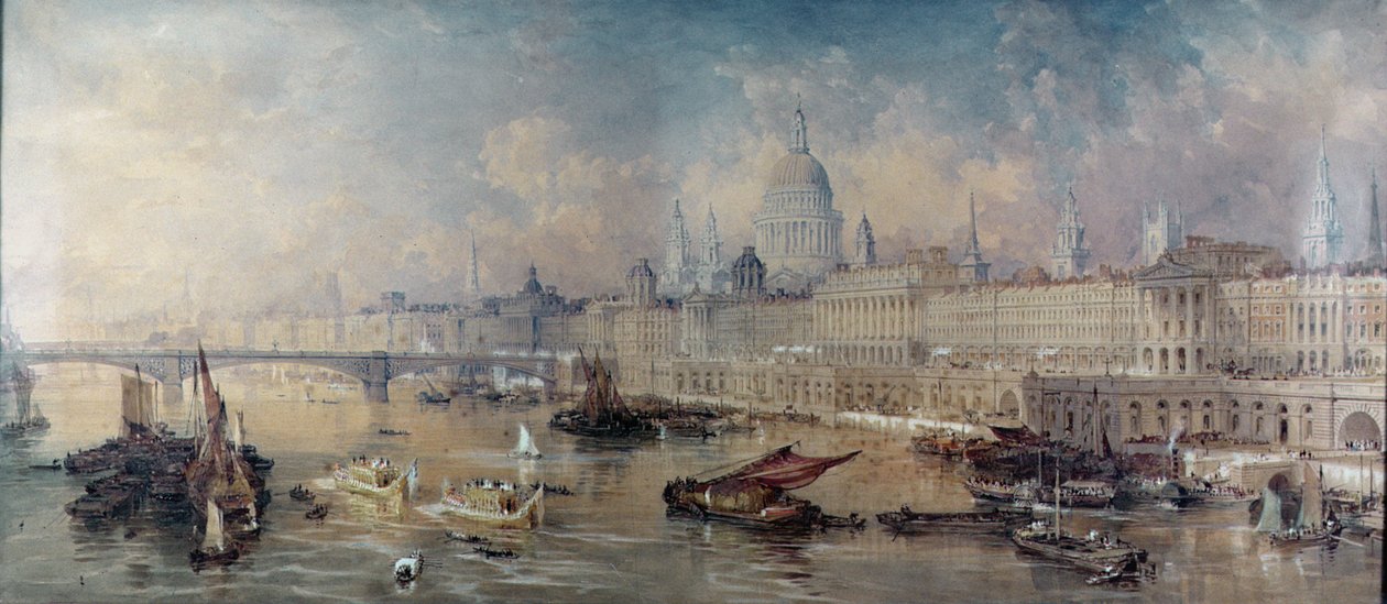 Ontwerp voor de Thames Embankment, uitzicht stroomopwaarts door Thomas Allom