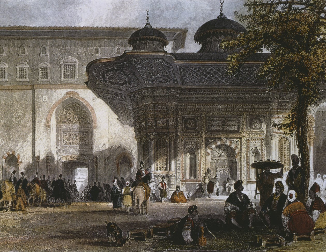 Keizerlijke poort van het Topkapi-paleis en fontein van Sultan Ahmed III, Istanbul, 1839 door Thomas Allom