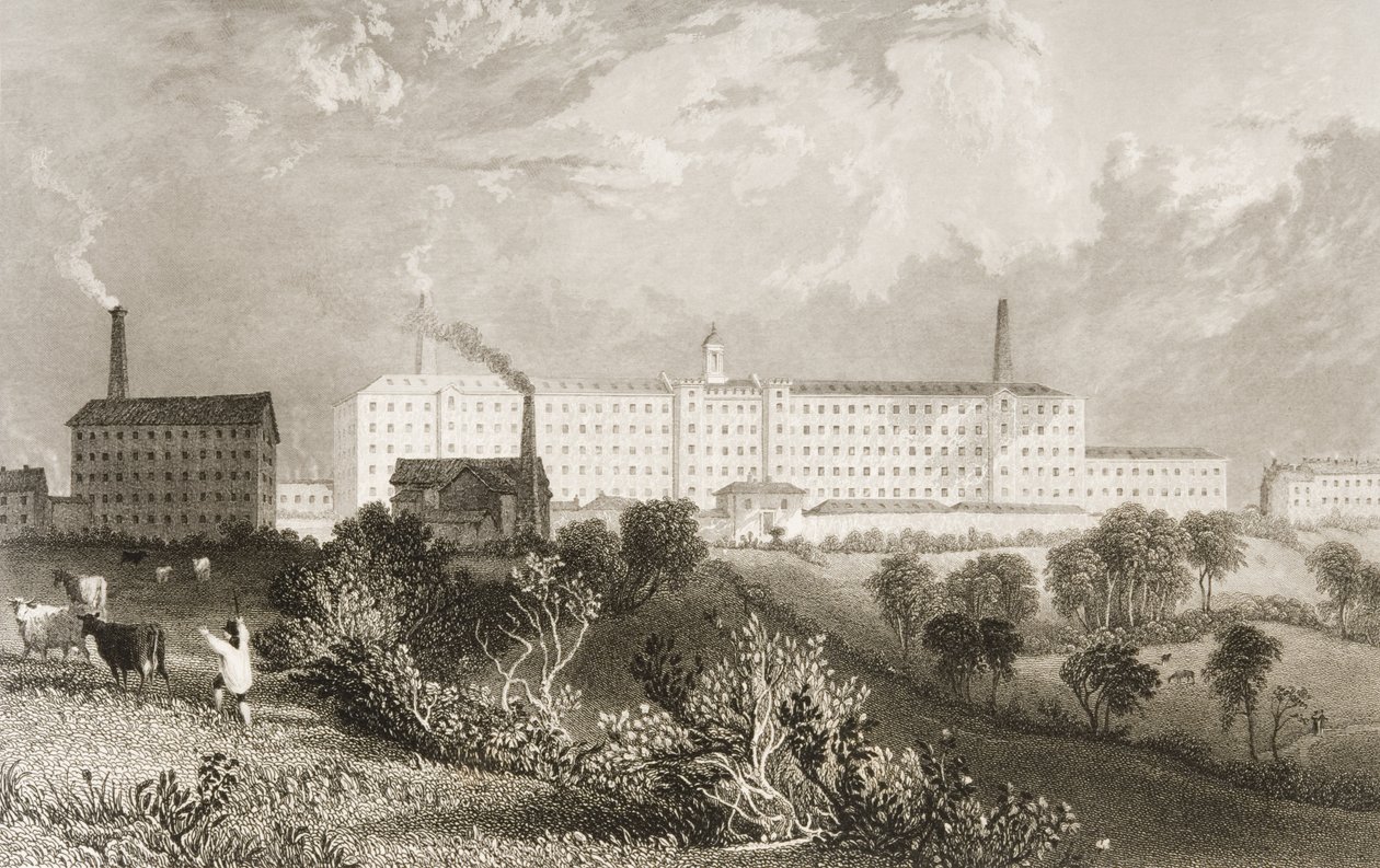 Swainson Birley und Co. fabriek nabij Preston, Lancashire, gegraveerd door James Tingle door Thomas Allom