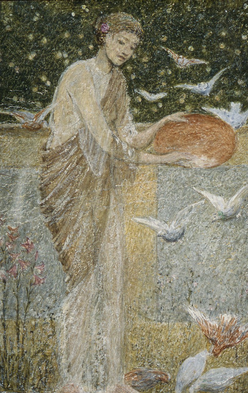 Meisje dat Duiven Voert. Een van drie schetsen voor de decoratie van Bank Hall, nabij Chapel-en-le-Frith, Derbyshire door Thomas Armstrong