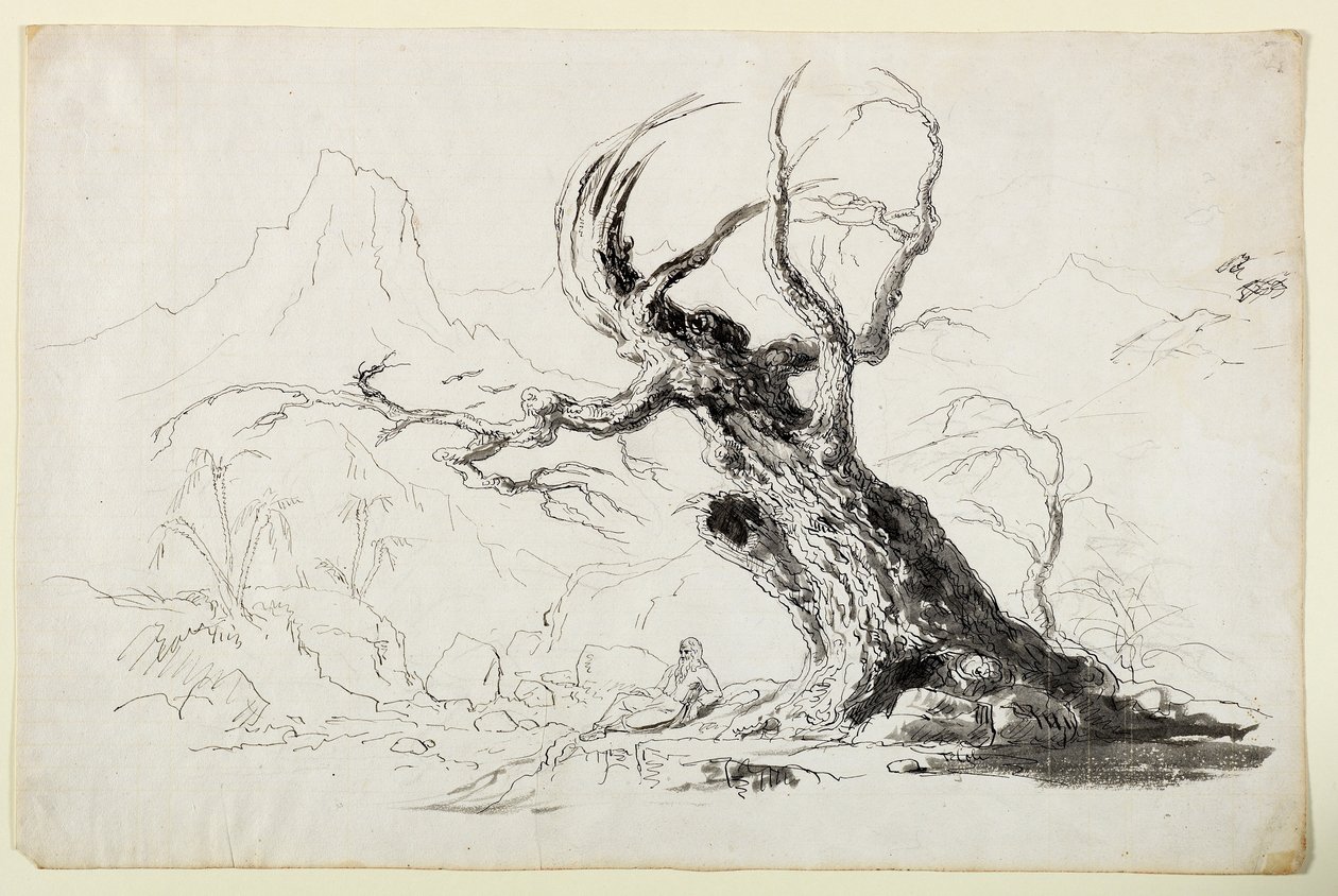 Grote geknakte boom met zittende bebaarde man door Thomas Cole