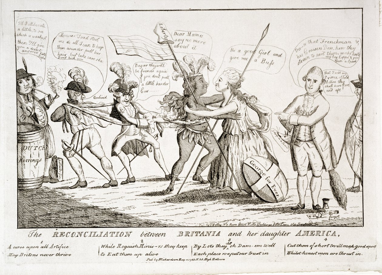 De verzoening tussen Britannia en haar dochter Amerika, uitgegeven door W. Richardson, 11 mei 1782 door Thomas Colley