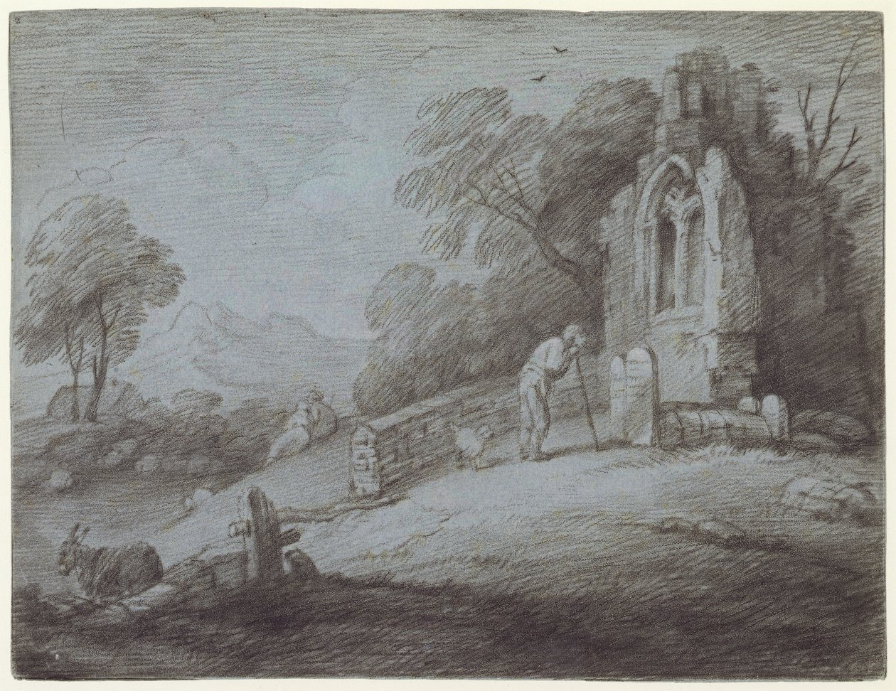 Kerkhof met figuur die een grafsteen overpeinst door Thomas Gainsborough
