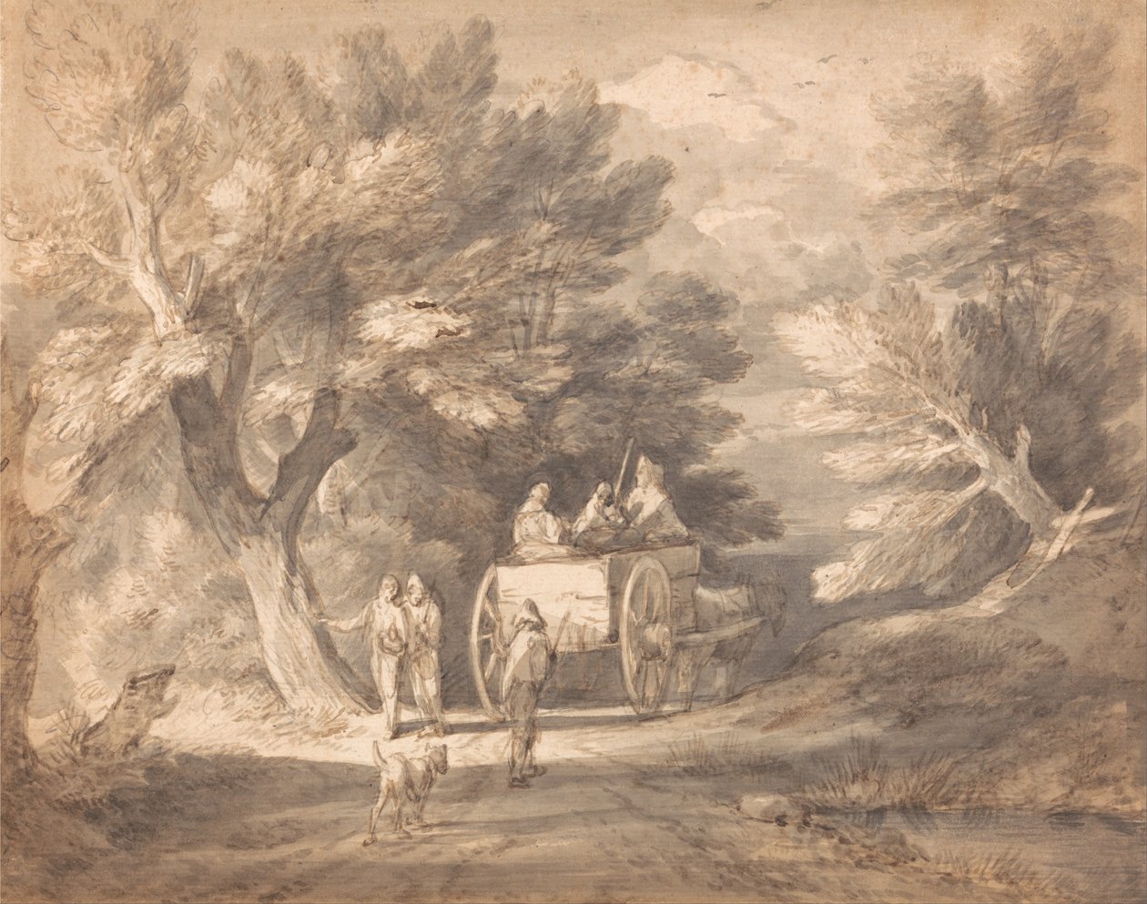 Boslandschap met landkar en figuren die een laan aflopen door Thomas Gainsborough