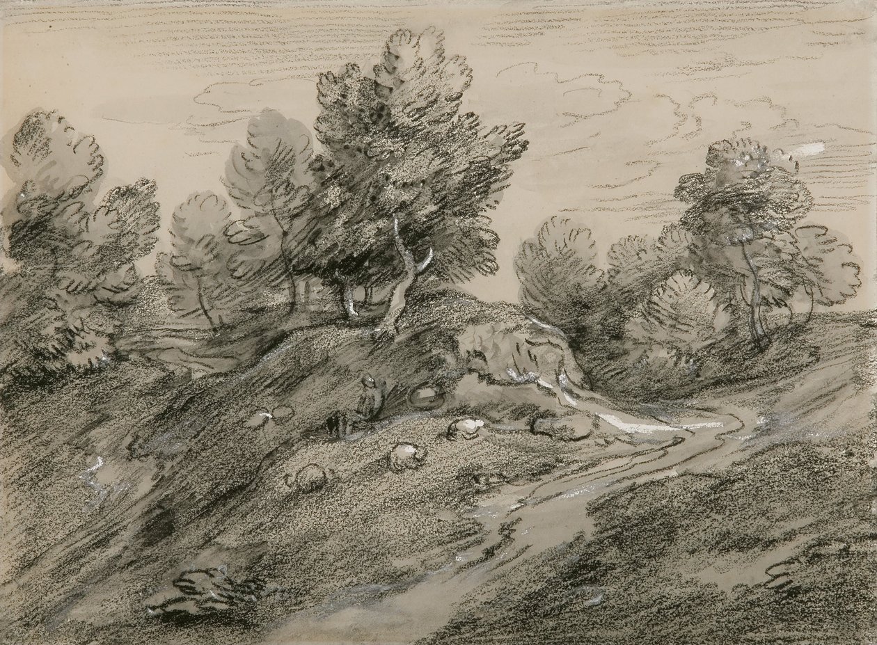 Bosrijk heuvellandschap met herder en schapen en landweg die rond een heuvel kronkelt door Thomas Gainsborough