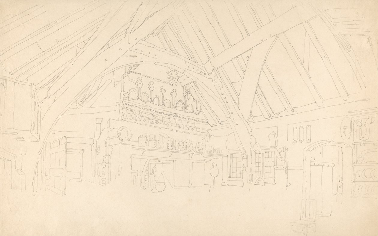 Stokesy Kasteel - Interieur van een Gebinte Hal door Thomas Girtin