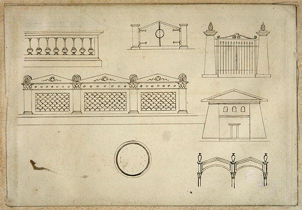 Ontwerpen voor Poorten, Muren en Balustrade, uit Eenentwintig pentekeningen van Decoratieve Details in Antieke Stijl door Thomas Hope