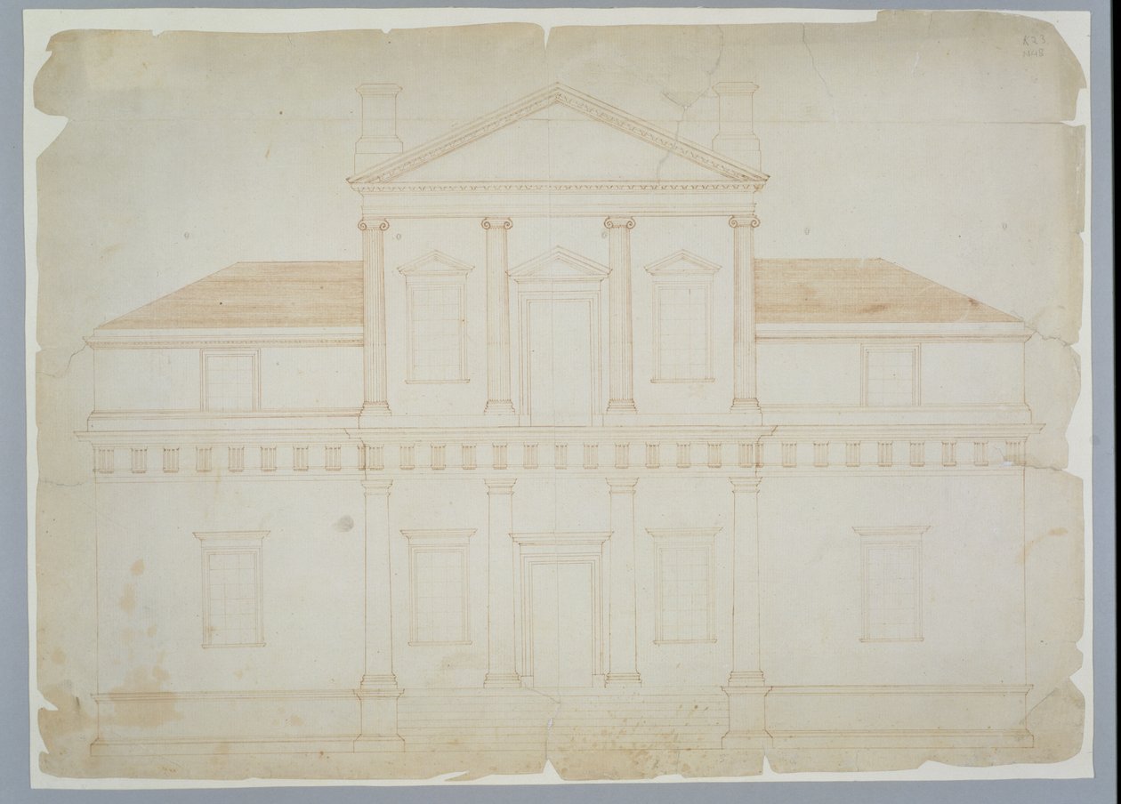 Monticello, Eerste Versie (Elevatie), waarschijnlijk voor maart 1771 door Thomas Jefferson