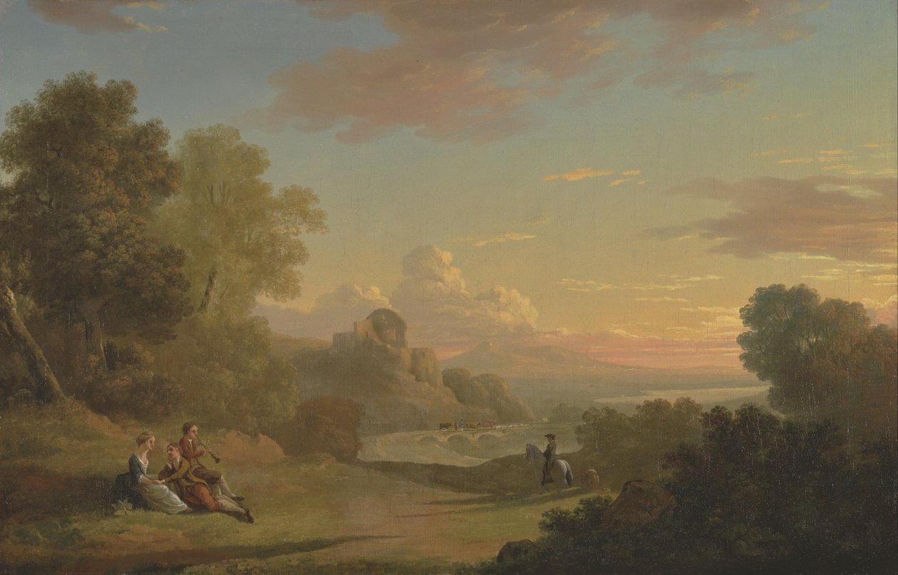 Een Imaginaire Landschap met een Reiziger en Figuren met Uitzicht op de Baai van Baiae door Thomas Jones