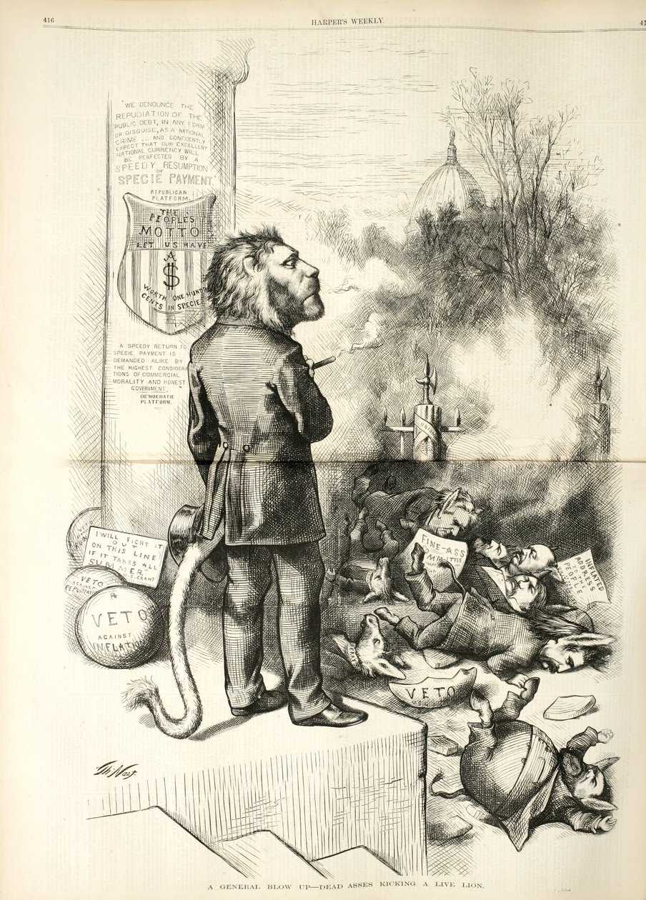 Een Algemene Ontploffing - Dode Ezel Schopt een Levend Leeuw, 1874 (houtsnede) door Thomas Nast