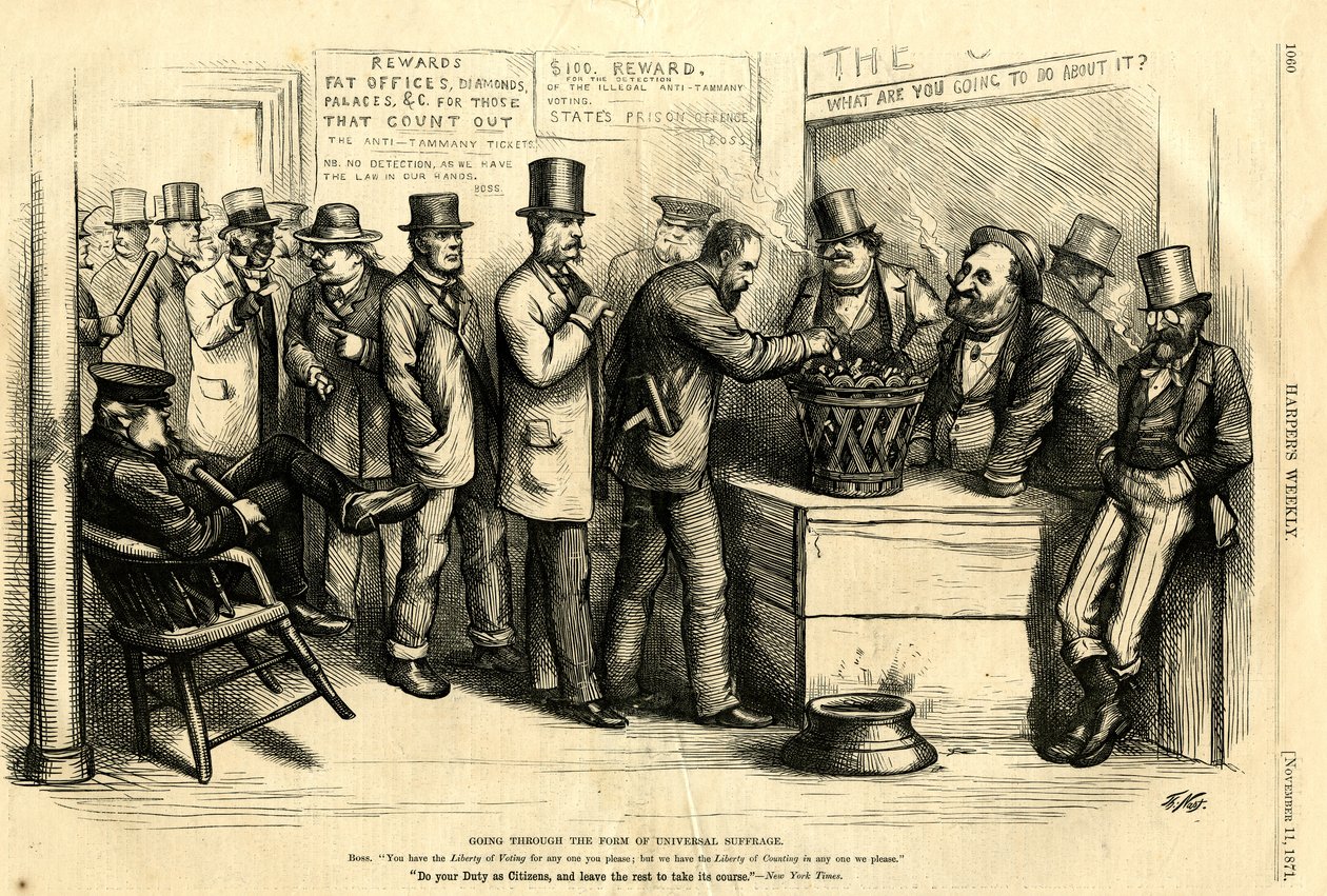 Het Doormaken van de Vorm van Algemeen Kiesrecht, 1871 door Thomas Nast