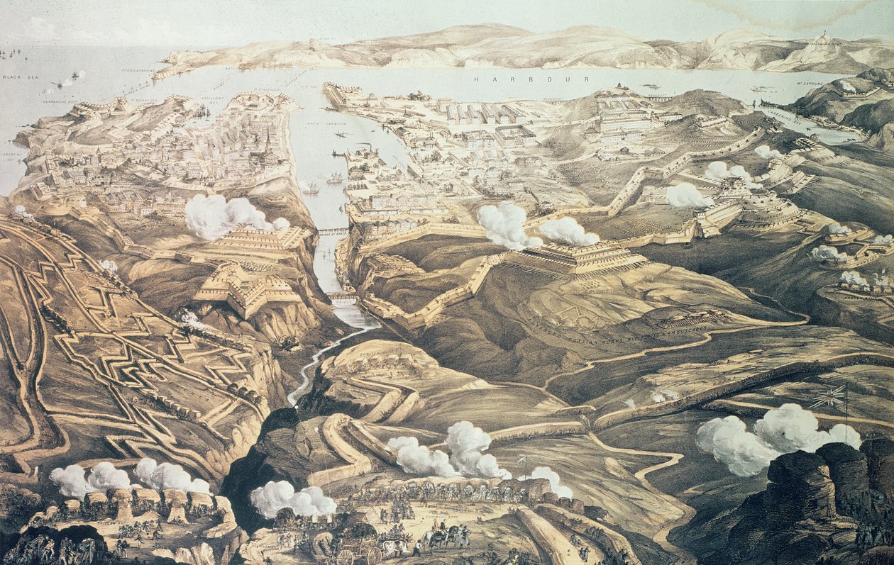 Een Panoramisch Uitzicht op de Externe en Interne Verdedigingen van Sebastopol, de Batterijen, Loopgraven en Belegeringswerken van de Geallieerden uit schetsen van een militaire ingenieur op de staf van Sir J. Burcoyne, pub. b door Thomas Packer
