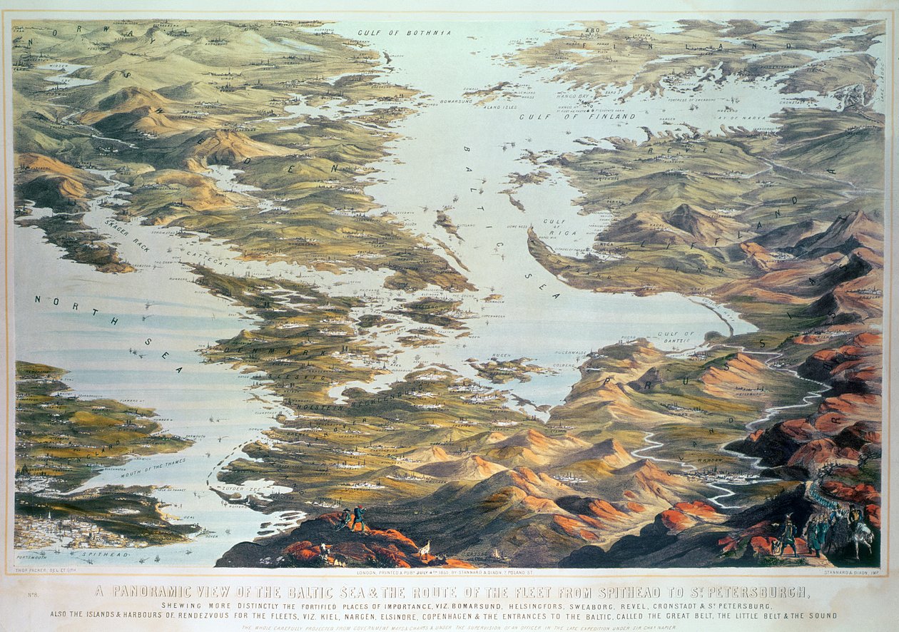 Panoramisch uitzicht op de Oostzee en de route van de vloot van Spithead naar Sint-Petersburg, van overheidskaarten en -kaarten gemaakt onder toezicht van een officier in de expeditie onder leiding van Sir Charle door Thomas Packer