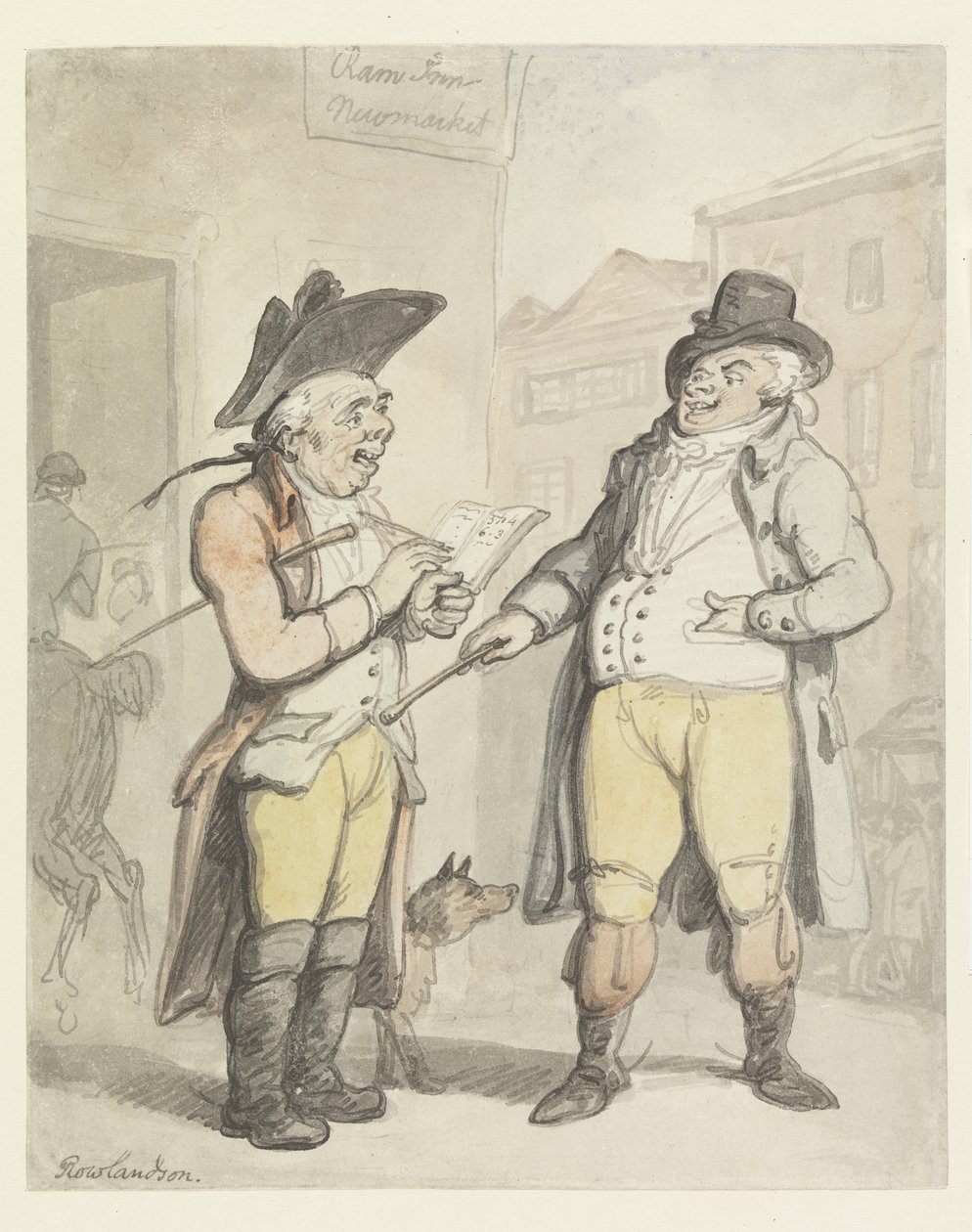 Een bookmaker en zijn klant buiten de Ram Inn, Newmarket door Thomas Rowlandson