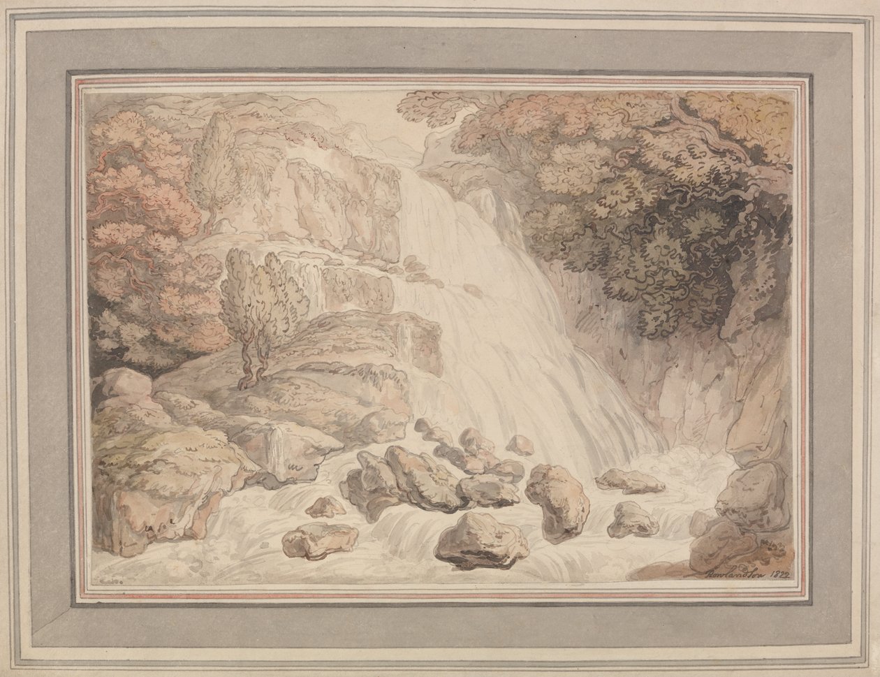 Een hoge waterval door Thomas Rowlandson