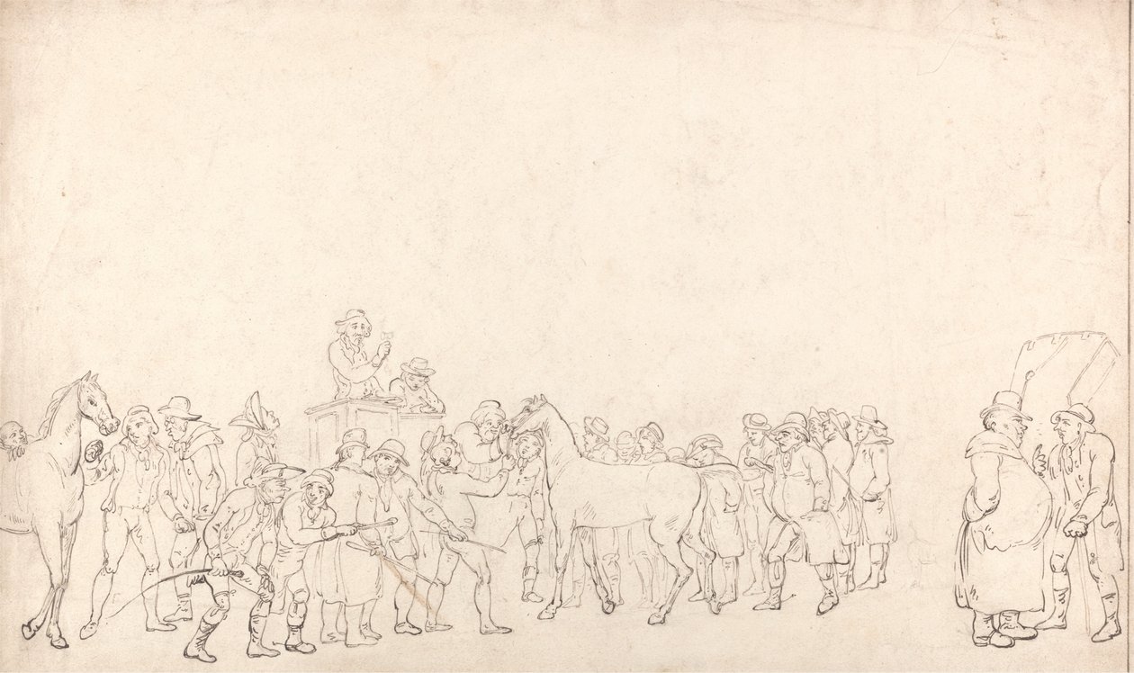 Een paardenverkoop bij Hopkins Repository (een schets) door Thomas Rowlandson