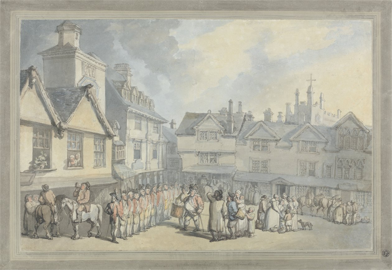 Een recensie op een marktplein door Thomas Rowlandson