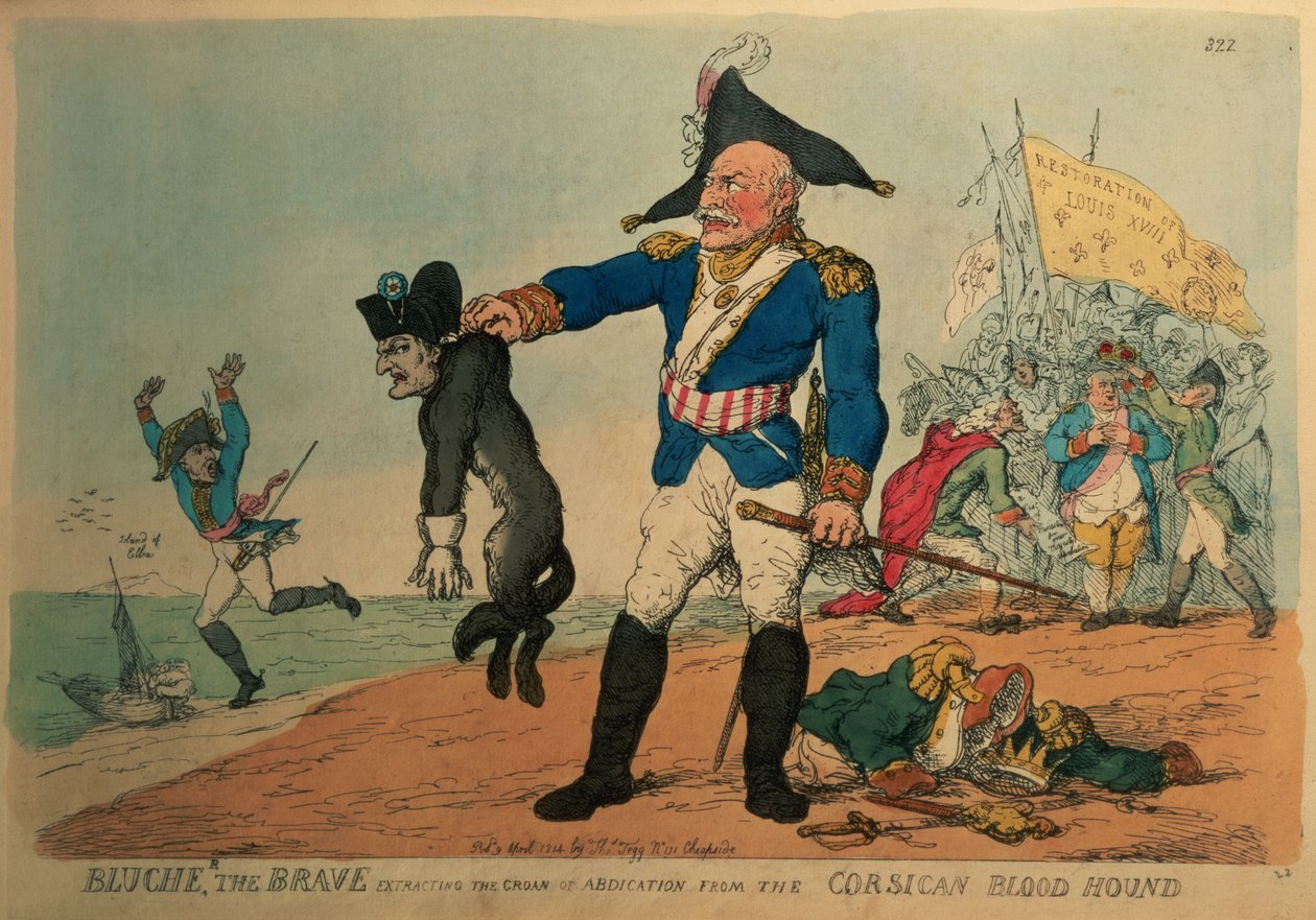 Blucher de Dappere: Het Uittrekken van de Kreun van Abdicatie van de Corsicaanse Bloedhond, Napoleon door Thomas Rowlandson