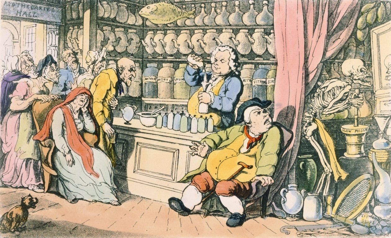 De Dood en de Apotheker of De Kwakzalver, illustratie uit De Engelse Dans van de Dood, gepubliceerd door R. Ackermann, Londen 1815-17 door Thomas Rowlandson